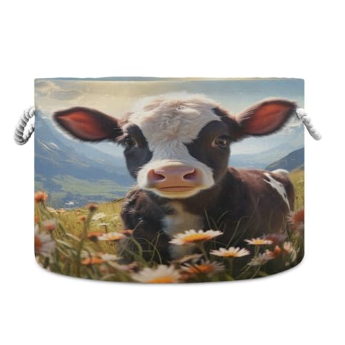 Round Cute Baby Cow Flower Storage Basket Large Organizer Bin Laundry Hamper Toy Storage Basket with Handle for Nursery Clothes Toys 202b4810