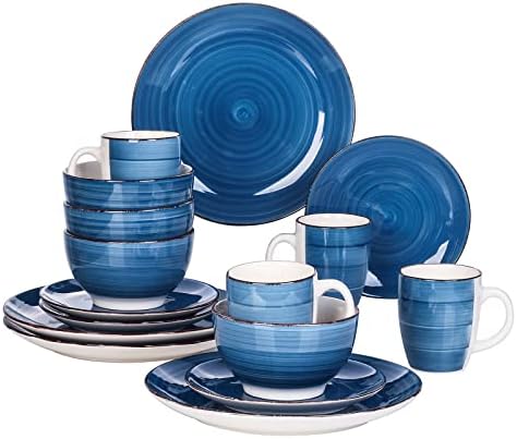 vancasso Bella Dinner Set for 8, Stoneware Plate Bowl Set Handpainted Tableware, 32 Piece Blue Dinner Service with Dinner Plate/Dessert Plate/Cereal Bowl/Mug, Rustic Chic Style