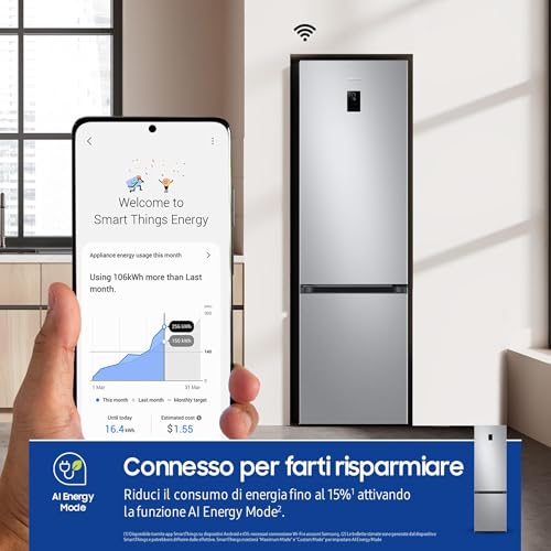 Samsung EcoFlex AI RB38C674CSA/EF Frigorifero Combinato, WiFi, SpaceMax, Total No Frost, All Around Cooling, Motore Digital Inverter Garantito 20 Anni, 390 L, LxAxP: 59,5 x 203 x 65,8 cm, Silver Inox - Immagine 2