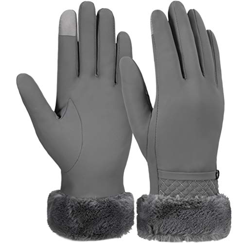 Donna Guanti Invernali Ciclismo Running - Donne Touch Screen Moda Impermeabile Nero e grigio Fodera di Pile Ragazz Full-finger Gloves per Trekking Outdoor Sport Bici Moto Mtb Corsa Sci Driving M/L