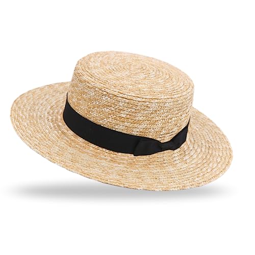 Women Boater Straw Sun Hat Trimmed with Black Bow Classic