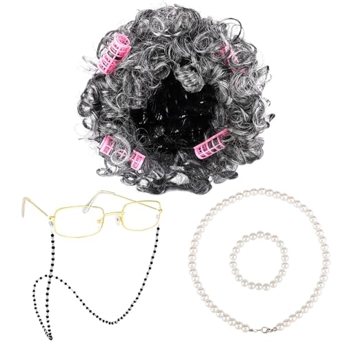 URATOT 5 Pieces 100 Days of School Old Lady Wig Costume Set Grandma Wig with Hair Rollers Glasses Chain Necklace Bracelet