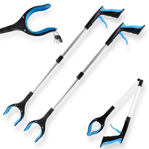 LINKINNO Lot de 2 Outils de Ramassage, 82cm Pince telescopique Objet en Aluminium avec Tête Rotative 360° Poignée Ergonomique et Embouts Magnétiques pour la Collecte des Déchets (Bleu)