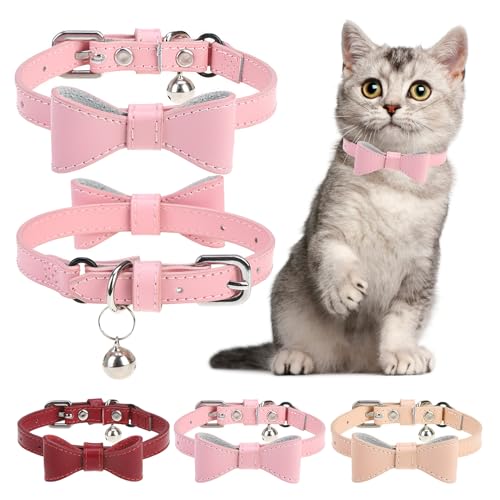 DILLYBUD Leather Cat Collar with Bells, Cute Cat Bowtie Collar for Boy Girl Cats, Personalized Bow Tie Kitten Collars with Adjustable Safe Buckle for Kitty Small Big Cats Size 8-12 Inch, Pink