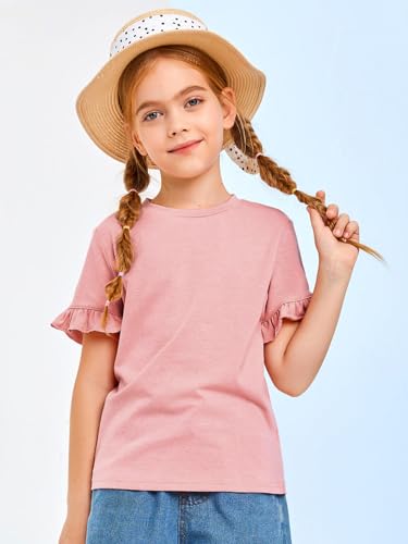 Haloumoing Girls Ruffle Short Sleeve T Shirts Crewneck Plain Casual Summer Tops Blouse Tees 5-14 Years3