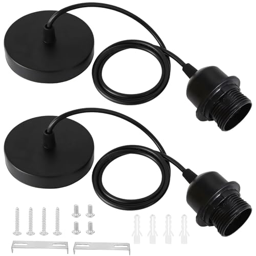 2 Pack Ceiling Pendant Light Fitting E27 Lamp Holder with Lock Ring for Shade Black Light Fittings with 100CM Adjustable Cable Flex Cable Ceiling Rose Industrial Style Ceiling Pendant Fitting