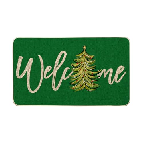 Artoid Mode Green Xmas Tree Christmas Welcome Doormat, Winter Home Decor Low-Profile Switch Rug Door Mat Floor Mat for Indoor Outdoor 17x29 Inch