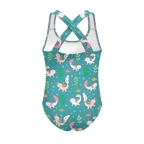 Image of Girls One Piece Swimsuit Axolotl Cross Back Straps Bathing Suit Lightweight Quick Dry Gymnastics Leotard