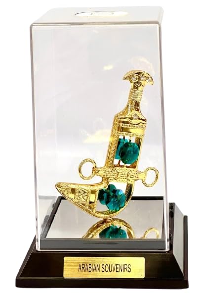 Crystal Temptation Arabian Souvenirs Decorative Gold-Plated Khanjar Dagger with Green Crystals and Rhinestones – Luxury Display in Clear Acrylic Case