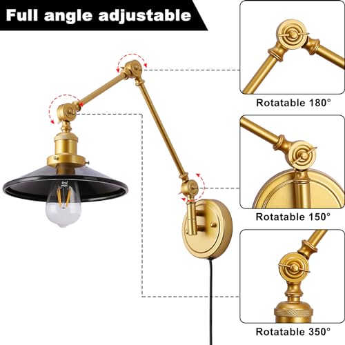 Image of Swing Arm Wall Lamp Plug In, Set of 2 Modern Gold Cordless Wall Sconce For Bedroom Bedside, Living room, Study, Vintage Reading Wall Mount Light Fixtures, Warm Brass Finish Decor, Black, 2 Pack