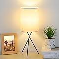FOLKSMATE Bedside Table Lamp with Black Metal Base, Modern Small Desk Lamp, Nightstand Light Fixture with White Lampshade, Home Living Room Bedroom Office, Bulb Not Included