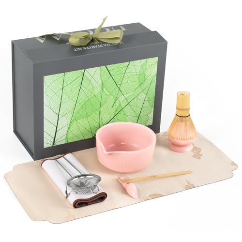 Pink Traditional Matcha Set Whisk and Bowl, 8 Pcs Matcha Making Kit Includes Ceramic Bowl with Spout, Bamboo Whisk, Holder, Scoop, Sifter, Tea Towel Cloth and Mat-Ceremonial Matcha Starter Kit Gift