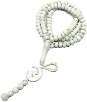 Al-Ameen Muslim Gift Islam Prayer Tasbih 99 Beads AMN-303 8 mm. Rosary Bead Moon Star Decorated Tassels Haj Eid Ramadan (White)