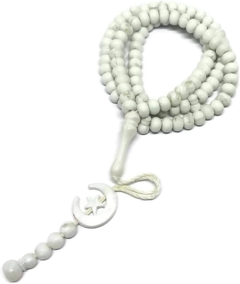 Islam Prayer Tasbih 99 Beads AMN-303 Muslim 8 mm. Rosary Bead Moon Star Decorated Tassels Haj Eid Ramadan Gift (White)