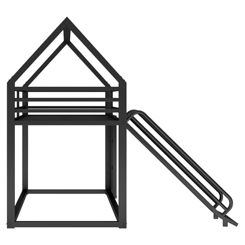 Morhome Metal Junior House Low Bunk Bed Twin Over Twin with Slide and Ladder, Montessori Floor Bunk Bed Frame with Full-Length Guardrail, Noise Free