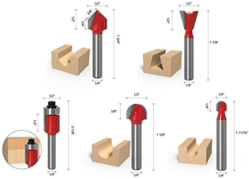 1/4 inch Router Bit Set, 15pcs 6.35mm Shank Tungsten Carbide Tipped Router Bit Set with Wooden Box, Double Flute Wood Milling Saw Cutter, for Handwork and DIY