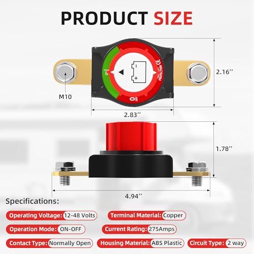 Image of Joinfworld Side Post Battery Disconnect Switch 12V-48V 275A Waterproof Marine Battery Cut Off Switch 12 Volt for Car RV Boat ATV UTV Vehicles