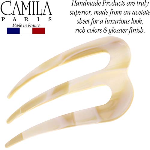 Camila Paris CP2973 French Twist Stick Clip Pins, White, Wavy Hair Pin 3-Prong Hair Fork for Girls Spiral Updo Chignon Bun Holder, Flexible and Styling Hair Accessories for Women, Handmade in France - Thumbnail 2