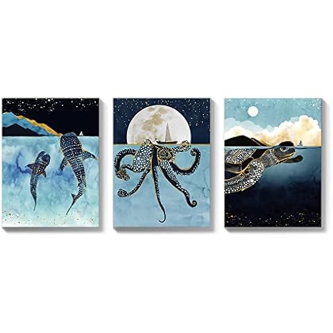 Petrala Octopus Decor Blue Wall Art Nautical Bathroom Pictures Boho Ocean Canvas Gold Whale Prints Coastal Moon Phase Artwork Framed Sea Turtle Painting for Bedroom Living Room 12x16 inch, 3 Piece Cover