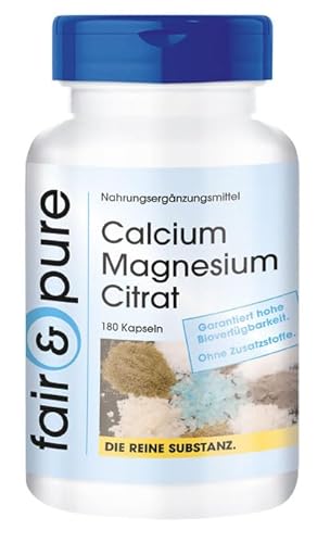Fair & Pure Calcium Magnesium Citrat, 180 Kapseln, Nahrungsergänzungsmittel vegan ohne Magnesiumstearat, in Deutschland hergestellt