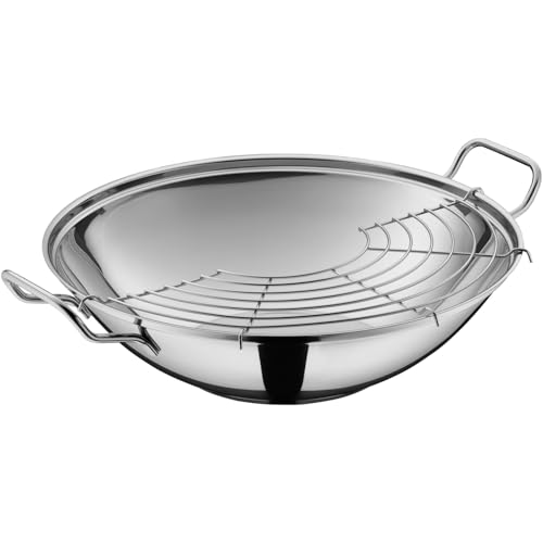 Foto von WMF Party Taiwan Wokpfanne Induktion 36 cm, Wok mit Deckel und Ablagegitter, Wok Induktion mit Deckel, Cromargan Edelstahl unbeschichtet, backofengeeignet