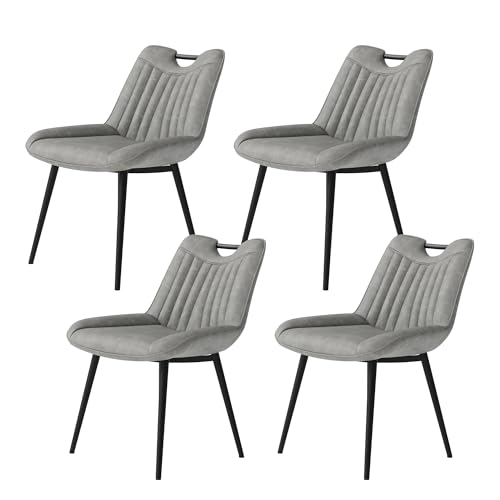 S Set Of 4, Mid-century Modern Kitchen & Dining Room Chairs With Curved Backrest, Cutout Handle, Metal Legs & Padded Seat, Grey