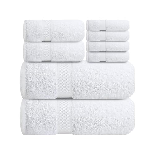 Image of Sulfar 100% Combed Cotton, 8 Pcs Towel Set - 2 Bath Towels (70 x 140 cm), 2 Hand Towels (40 x 70 cm) and 4 Washcloths (30 x 30 cm) (600 GSM, Pack of 8) White