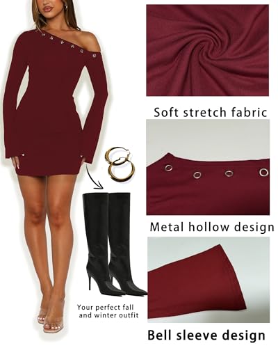 Women's One Shoulder Metal Ring Dresses Sexy Flared Long Sleeve Slim Fit Bodycon Going Out Club Party Y2K Mini Dress2