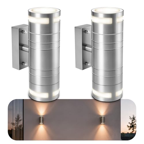 2 Stück LED Wandlampe Außen silber - Wandstrahler Up & Down IP44 - mit 2 LED GU10 3W neutralweiß - Außenwandleuchte Edelstahl
