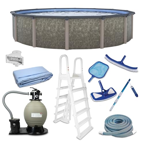 Image of Blue Wave Riviera 24-ft Round 54-in Deep Hard Sided Above Ground Pool with Resin Top Seats, Steel Verticals, Dual-Speed Sand Filter System, Ladder, Liner, Skimmer & Maintenance Kit - 13,500 Gal Cap