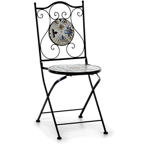 Sedia in ferro battuto richiudibile con seduta in ceramica decorazione mosaico elegante da giardino terrazzo interno esterno