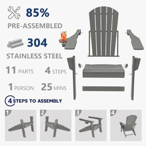Image of Plawdlik Folding Adirondack Chair 9-piece Set, Cup Holder, Gray | pin-free folding, 38-in tall back, Wood-grain All-weather HDPE; for fire pit, poolside, deck, backyard, patio