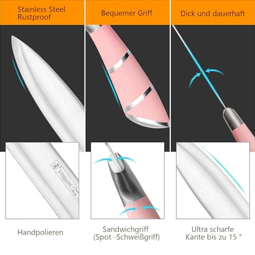 Justup 9-tlg Messerset mit Drehbare Acryl Messerblock, Rosa Sharp Antihaft Beschichtete Kochmesser Block Set,Edelstahl Messer Set für Küche mit Schärfer zum Schneiden Schneiden Würfeln Hacken (Rosa)