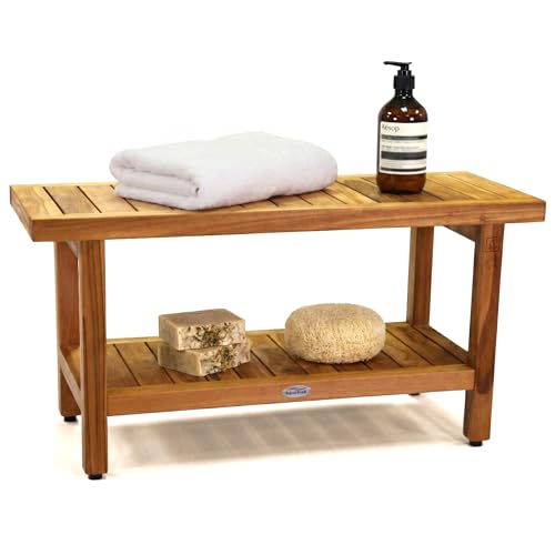 AquaTeak The Original 36" Spa Teak Shower Bench - Shower Stool with Storage Shelf for Bathroom - Durable Water Resistant Shower Chair - Shaving Foot Rest - Indoor & Outdoor Use