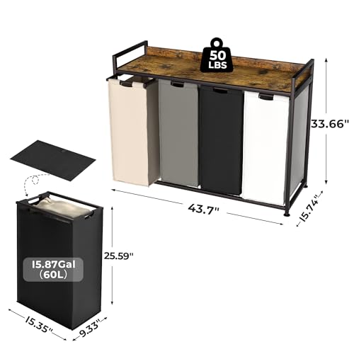 Herture-Laundry-Hamper-with-Shelf-Laundry-Basket-4-Section-Laundry-Sorter-with-Pull-Out-Removable-Large-4-Color-Bags-and-Movable-Wheels-Metal-Frame-4-x-1587-Gallons-60L-Rustic-Brown-PF07XLN