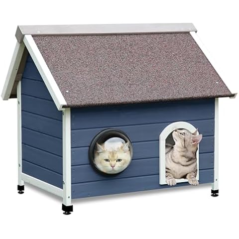 Rockever Outdoor Cat House, Cat House for Outdoor Cats Feral Cat House with Escape Door and Clear Windows for 2 Cats (Modern, Dark Blue) Cover