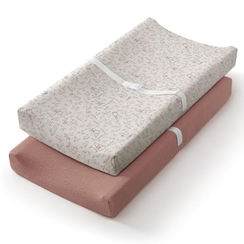 Image of Blissful Diary Muslin Changing Pad Cover for Baby Girls, Ultra Soft Breathable Cotton, Baby Diaper Change Table Pad Covers, 2Pack (Blush Bunny & Dusty Pink)
