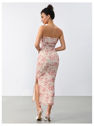Image of Milumia Women's Floral Strapless Bodycon Maxi Dress Summer Mesh Tube Top Dresses