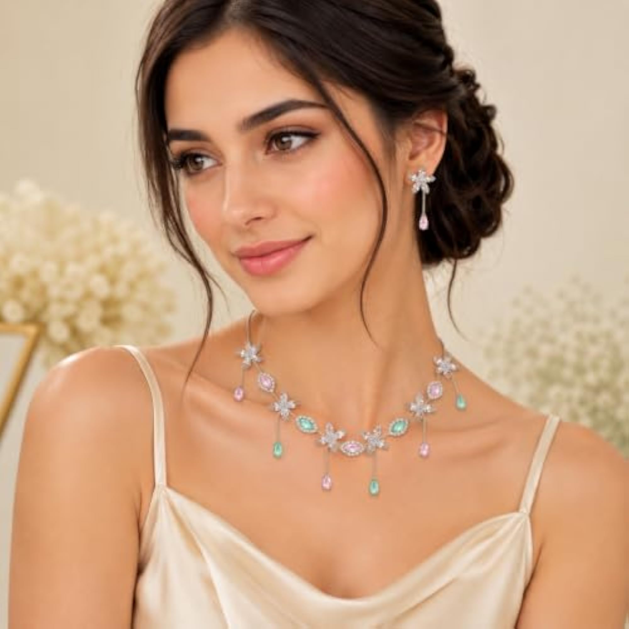 Floral Necklace and Earrings Set with Pink & Green Pastel