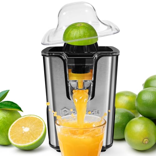 Listado de Exprimidores eléctricos para comprar online. 41 PRAMEDIA Exprimidor de Cítricos Eléctrico de Acero Inoxidable - 40W Exprimidor de Naranjas con Boquilla Antigoteo y 2 Conos para Limón y Toronja - Extractor de Jugos Automático