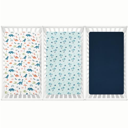 Image of david's kids 3 Pack Fitted Crib Sheets, Ultra Soft Breathable Comfortable Baby Sheet Set for Boys Girls Neutral, 28x52 Inch Fits Standard Crib and Toddler Mattresses, Dinosaur Blue
