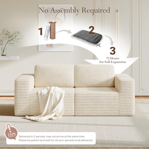 Image of Vesgantti 80 inch Modular Sectional Sofa, Corduroy Cloud Couch with Deep Seating & Spring Support, 2 Seater Compact Modular Couch, Boneless Sectional Sofa for Small Spaces, No Assembly Required, Beige