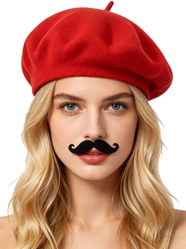 Frenchman Berets with Mustache Set for Women Men Halloween Mime Cosplay