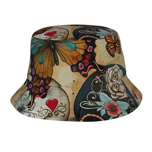Sugar Skulls Butterfly Print Fashion Unisex Bucket Hat Wide Brim Sun Protection Foldable Double Sided Printed Sun Hat Black