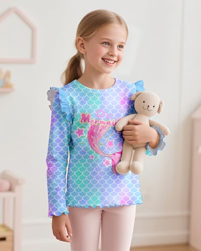 Image of Girls Long Sleeve Shirts Kids Crewneck T-Shirt Toddler Girl Unicorn Mermaid Ruffle Graphic Tees Fall Soft Tops 3-8 T
