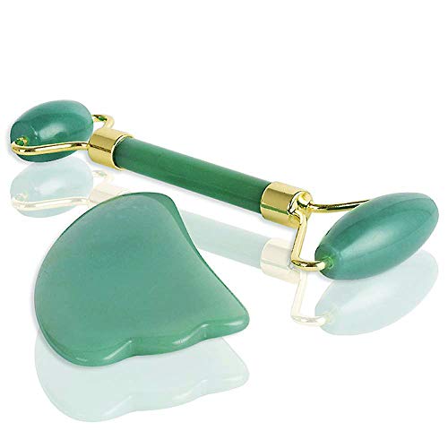 Jade Facial Roller and Gua Sha Set for Face, Jade Lady Natural Jade Stone Anti-aging Massager Tools for beautiful skin and Reduce Wrinkles Aging,Dark Circle (Green)