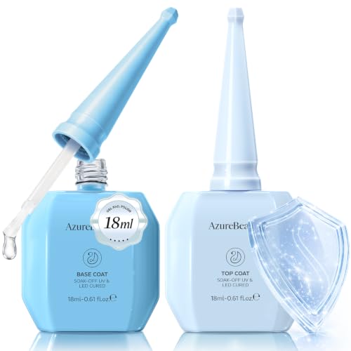 AZUREBEAUTY 18ml Gel Base and Top Coat Set – No Wipe High Gloss Soak Off UV/LED Nail Polish, Long-Lasting Clear Gel for Smooth Shiny Manicure