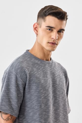 Image of SNITCH Men's T-Shirt | Textured Oversized Crew Neck Design | Premium Polyester Blend Fabric with Waffle Weave | Breathable & Lightweight Casual Wear