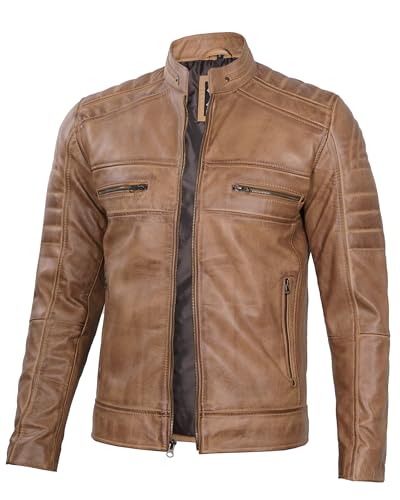 Image of Decrum Cafe Racer Leather Jacket for Men - Real Lambskin Motorcycle Style Mens Jacket with Zipper Closure