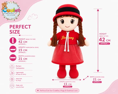 Image of Jiuliang Girl Soft Plush Doll 42 cm | Cute Red Dress Doll with Hat & Long Braided Hair | Embroidered Eyes & Smile | Stuffed Toy for Kids Girls